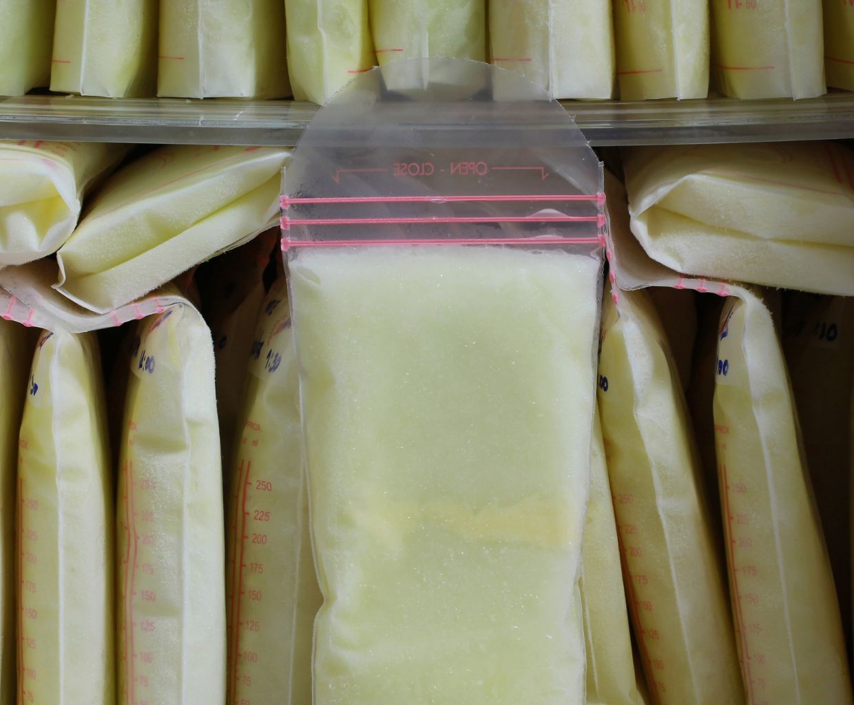 Bags of frozen breast milk stacked upright in a freezer drawer